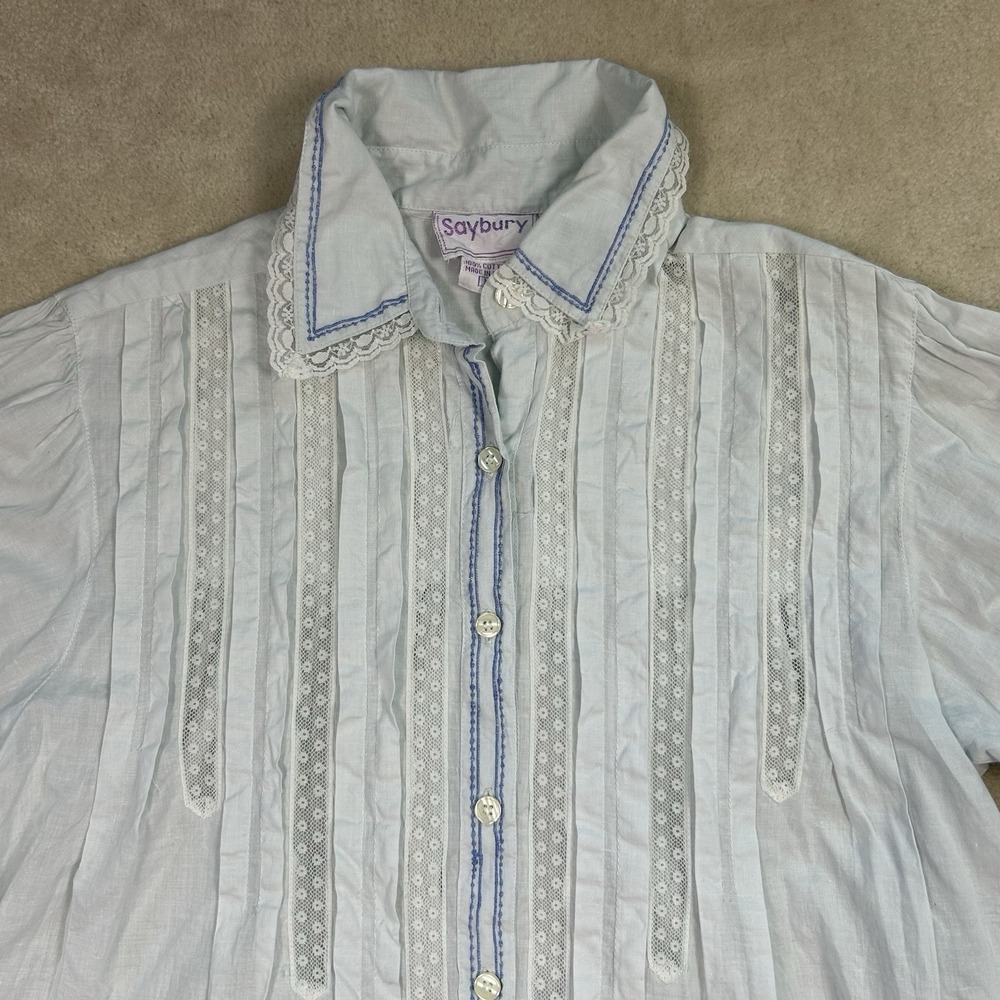 Vintage Saybury Pintuck Cotton Nightgown M Blue Cottagecore Lace Embroidered - Picture 3 of 10